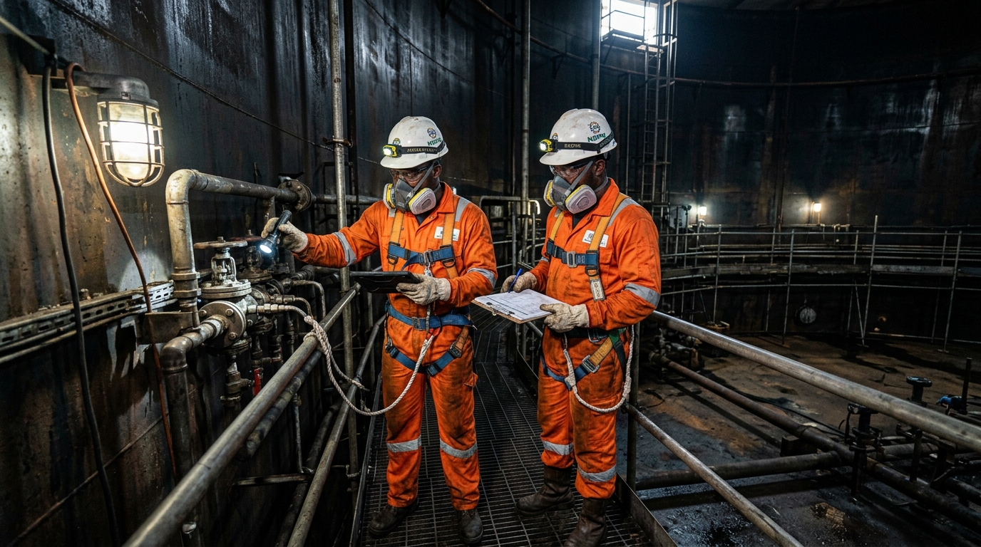 Cleanmore technicians inside storage tank
